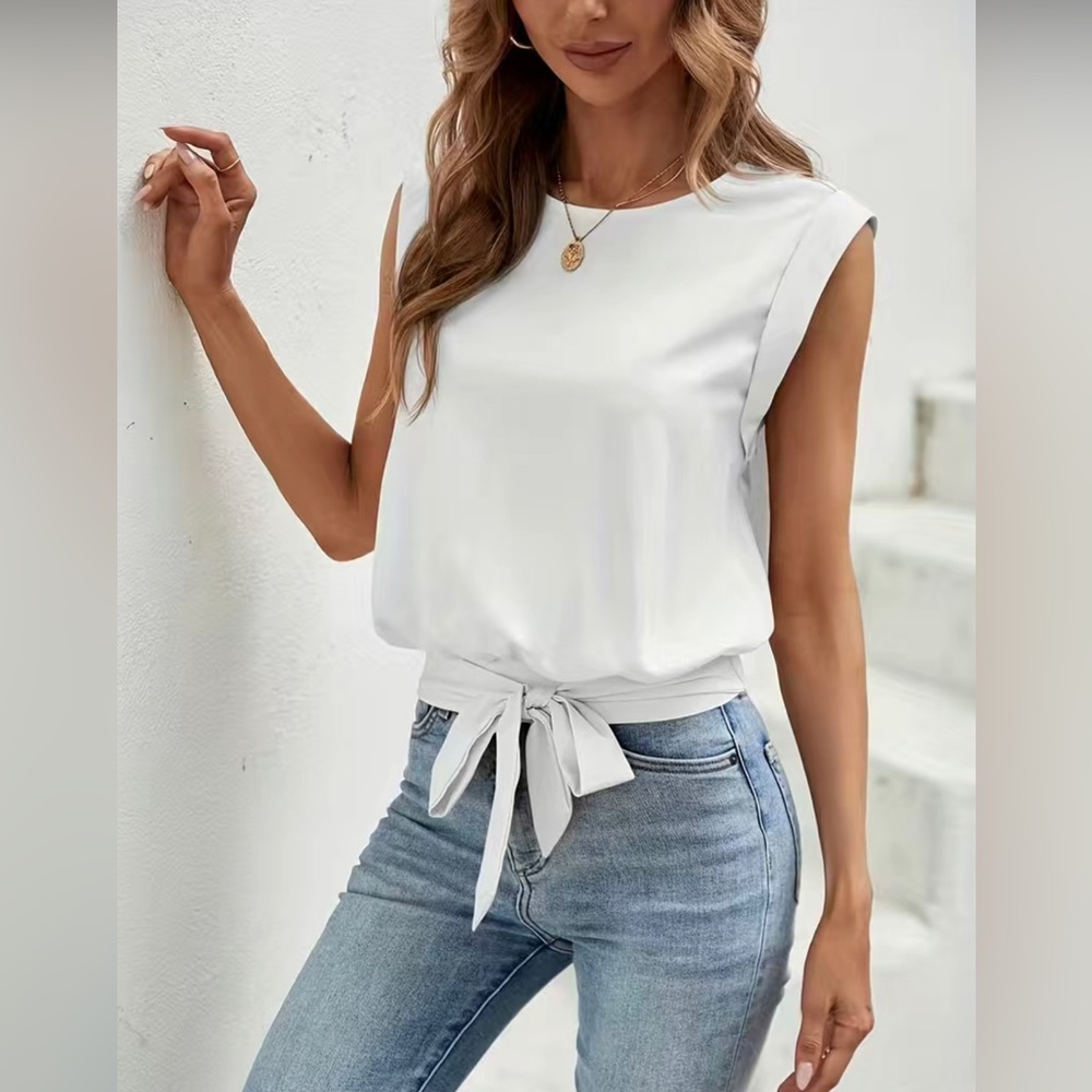 Passion Keyhole Back Tie Front Blouse, Casual Crew Neck Blouse - Picture 7 of 9